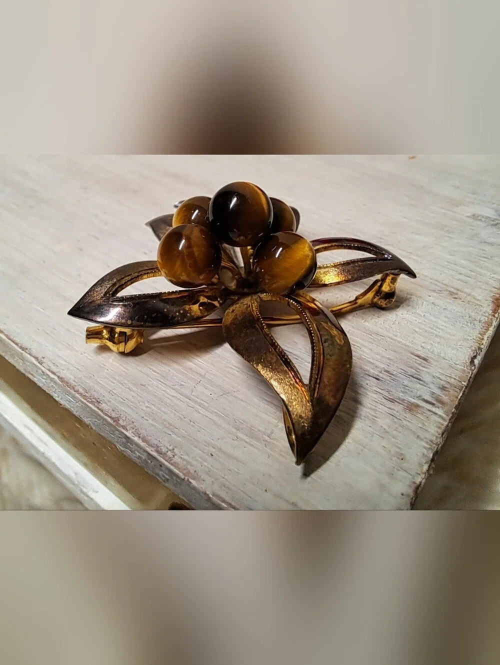 Vintage Mid Century 1940's 925 Sterling Silver Vermeil And Tigers Eye Brooch